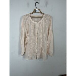 J.Jill Womens L Long Sleeve Embroidered Blouse Top Beige Cotton